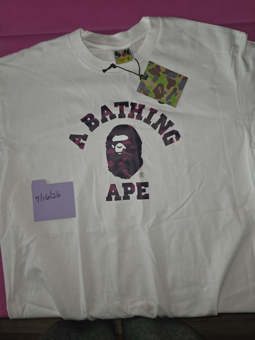 A Bathing Ape White Short Sleeve Logo Tee - Pink Camo Graphic